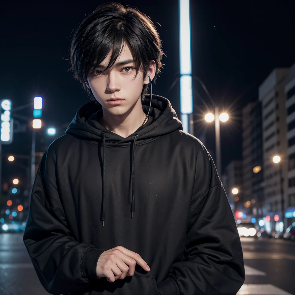 2d anime boy in black sweatshirt and headphones at night
