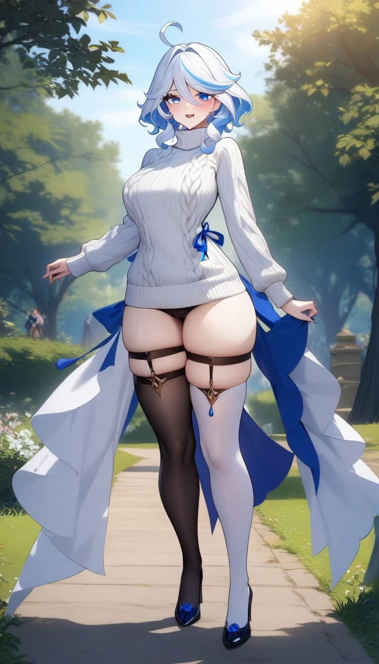 masterpiece, best quality, very aesthetic, absurdres, 1girl, mature_lady, masterpiece, best quality, very aesthetic, absurdres, 1girl, standing, full body, thighhighs,one thighhigh is white, another thighhigh is black, white stocking, black stocking white_sweater, virgin-killing_sweater,,furina(genshin impact), heterochromia,bule hair,blue eyes,,in park,floating_clothes