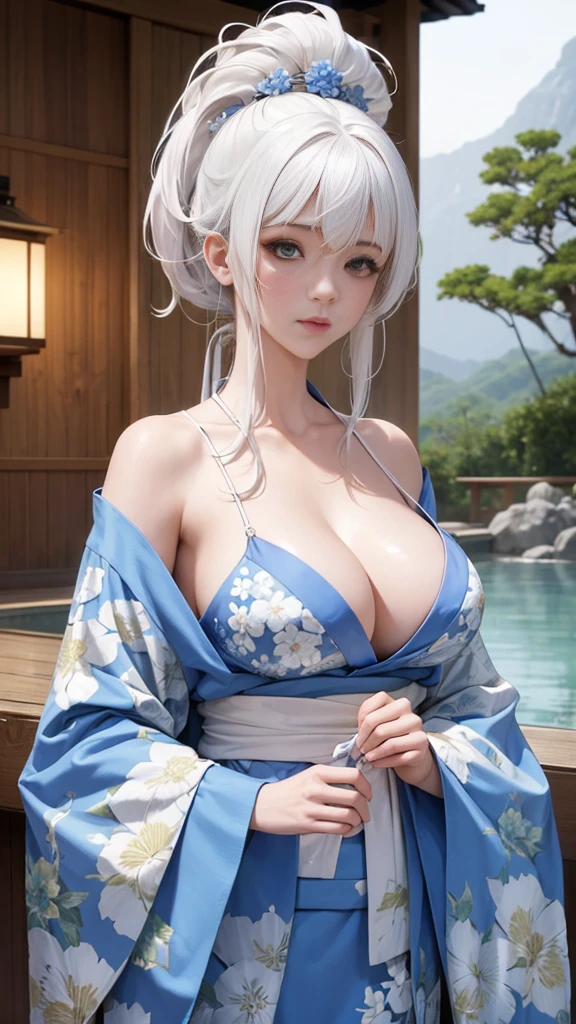 Beautiful girl white hair huge breasts wearing a bare-chested blue floral kimono sexy post in the onsen on the deserted island.