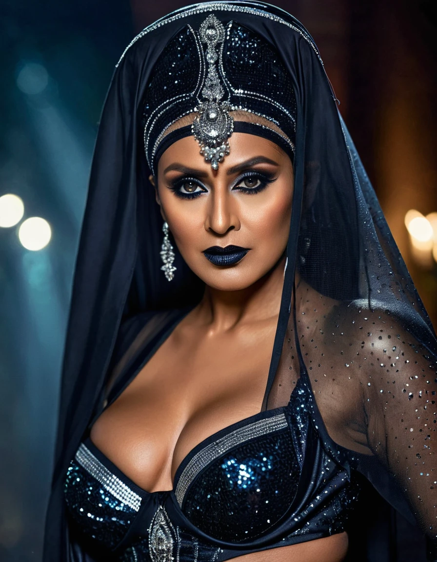 Looks like Nayanthara, milf, cougar lady witch, horny Gothic milf, 50 years old gorgeous mature lady, pervert demoness, demoness of lust, curvy, black lips, horny face, extremely gorgeous, thick figure, heavy physique, voluptuous, curvy, sexy figure, Fashionable portrait of androgynous alien looking witch wearing veil, glowing eyes, futuristic design, minimal details, givenchy, photoreal, 200mm, hd, f/ 2.0, highly detailed, surreal, sexy beautiful evil woman, sexy bold sequin Saree with strapless Bra, chudail, Pishachini, horror genre, blood-thirsty enchantress, powerful female spirit, eerie, drop dead, in the style of red and blue, (intricate details, hyperdetailed:1.15) (skin texture:1.2), dark Moody tone, cinematic lighting, haunted place in background,