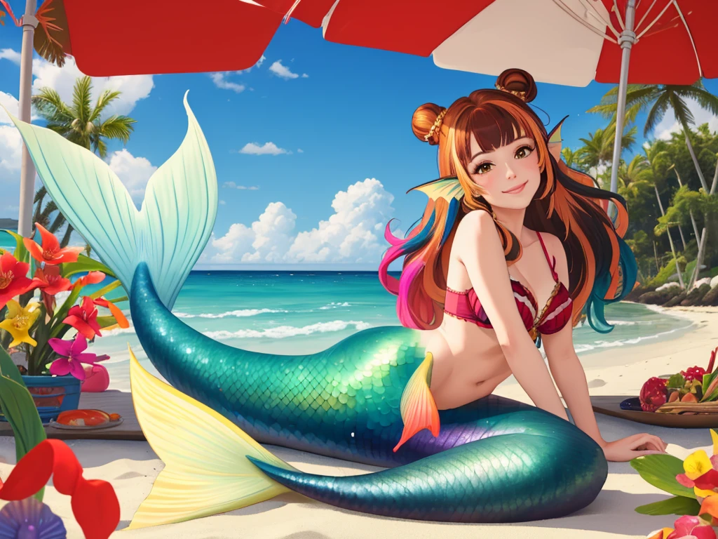 masterpiece, best quality:1.2), 1girl, smile, looking at viewer, brown hair in one bun with hair sticks, golden eyes, multicolored hair, mermaid, multicolored mermaid tail, laying on beach, fin ears, head fins, seashell bra, by orchid flowers