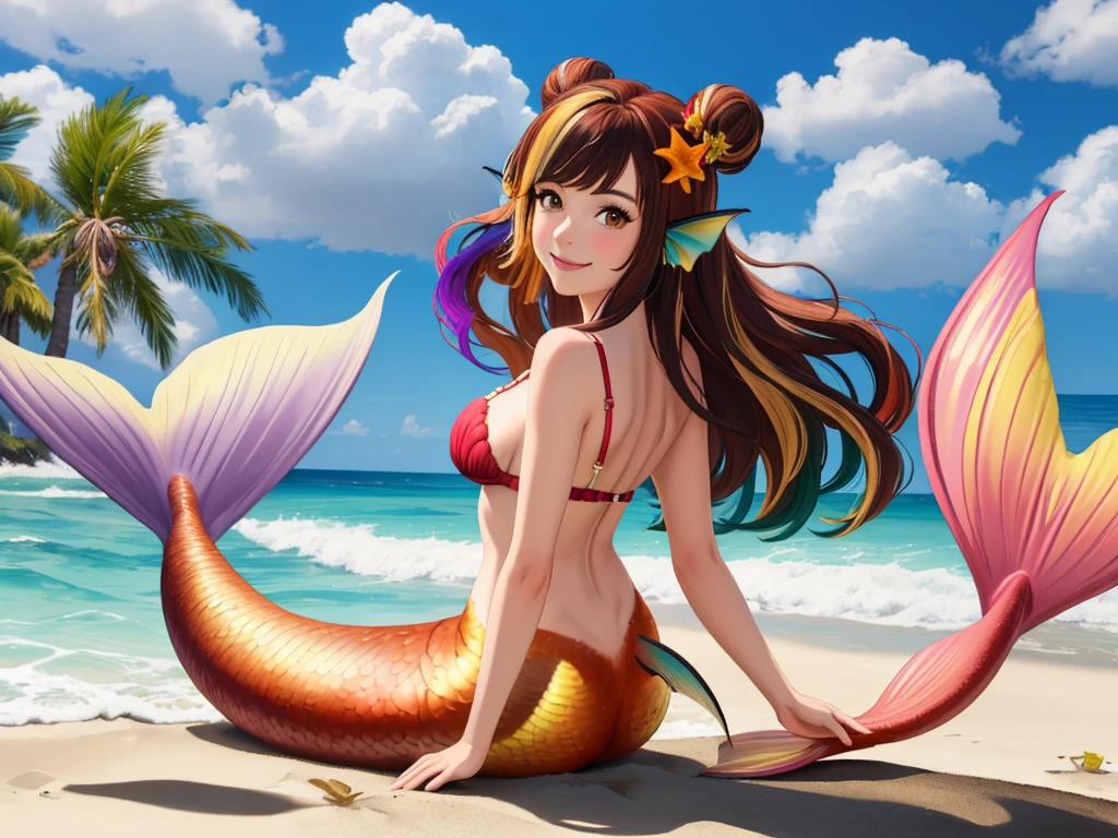 masterpiece, best quality:1.2), 1girl, smile, looking at viewer, brown hair in one bun with hair sticks, golden eyes, multicolored hair, mermaid, multicolored mermaid tail, laying on beach, fin ears, head fins, seashell bra, by orchid flowers