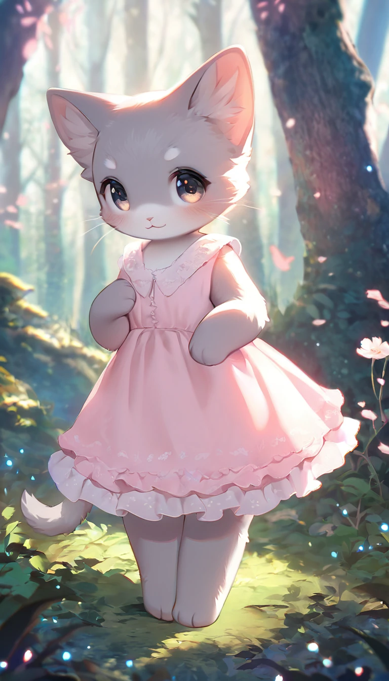 Highest quality, masterpiece, Cute grey kitten, Wearing a pink dress、Are standing, Fantasy forest world, A gentle glowing image effect,whole body