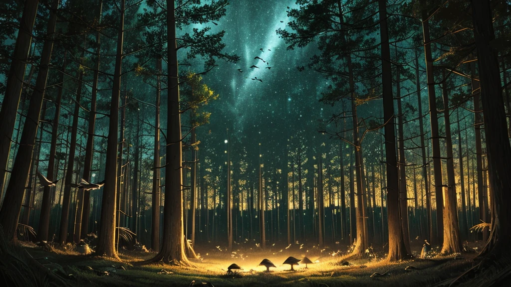 A dark night scene shows a cacophony of chirping birds at in the forest