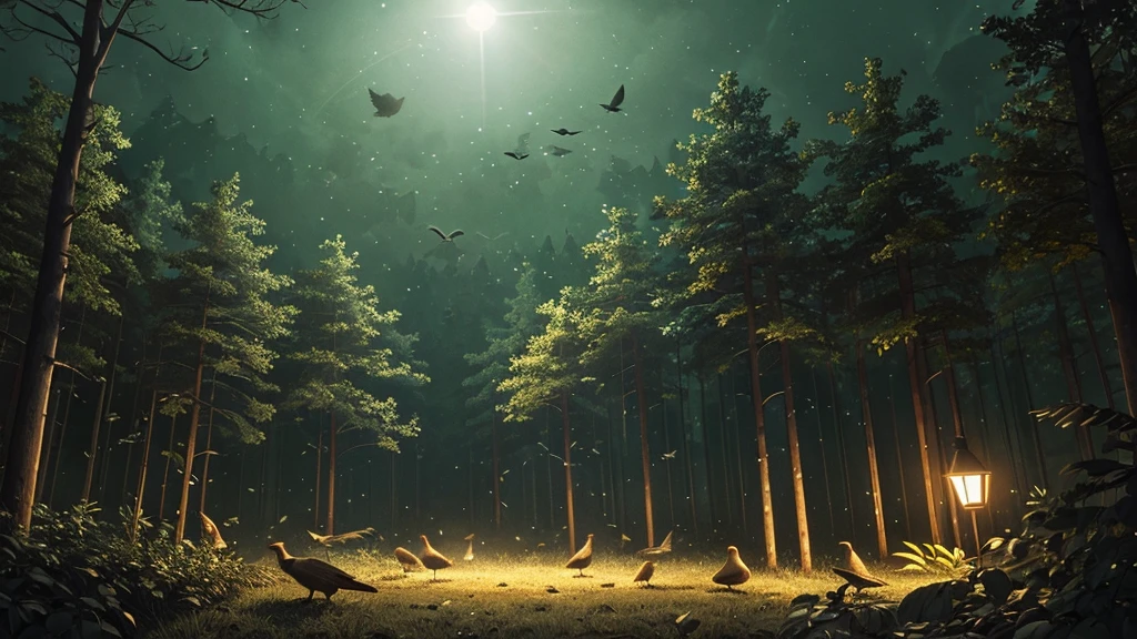 A dark night scene shows a cacophony of chirping birds at in the forest