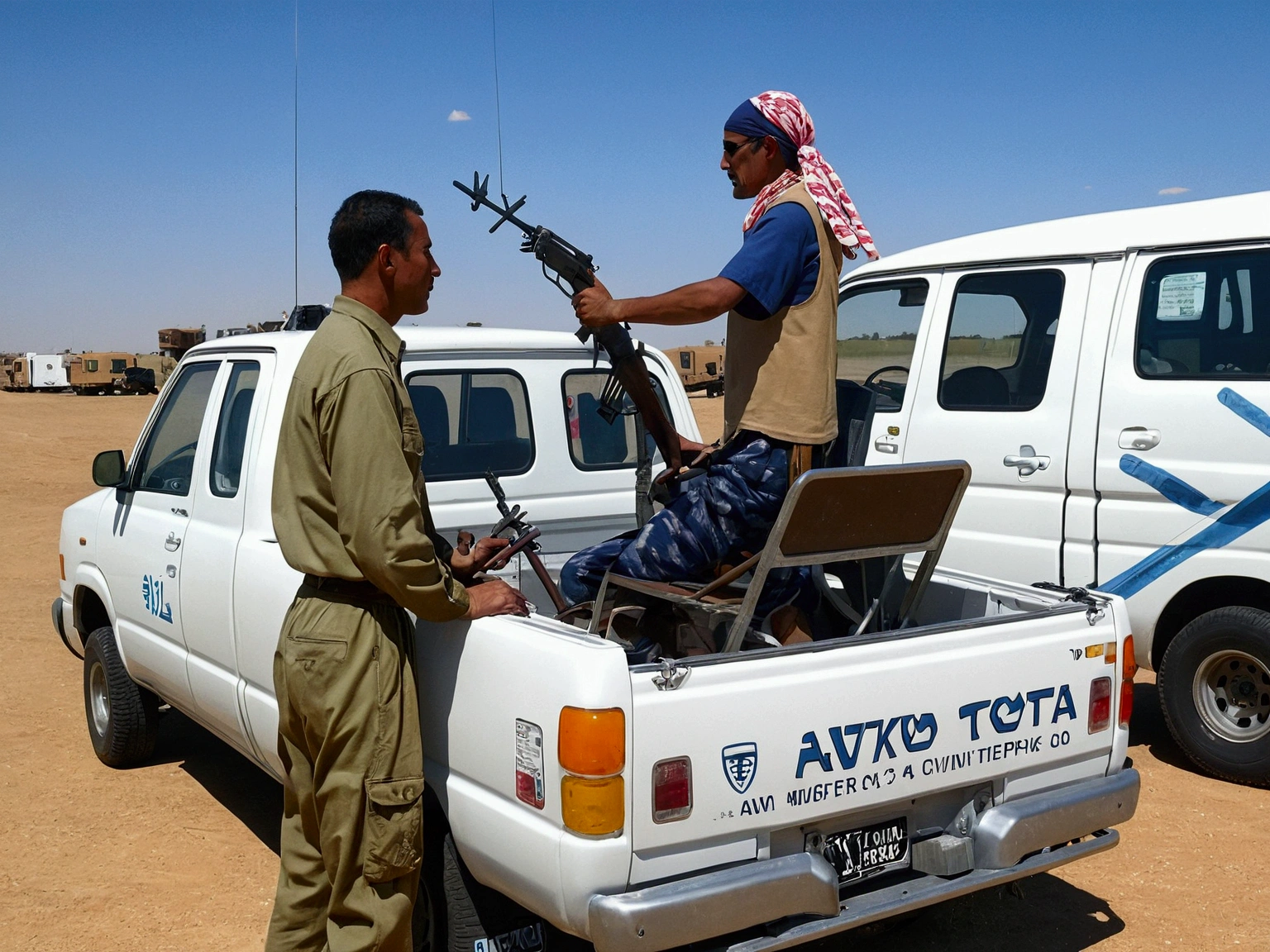 armed van, armed civilian car, modified Toyota truck, truck with a big leaf spring, Technical.