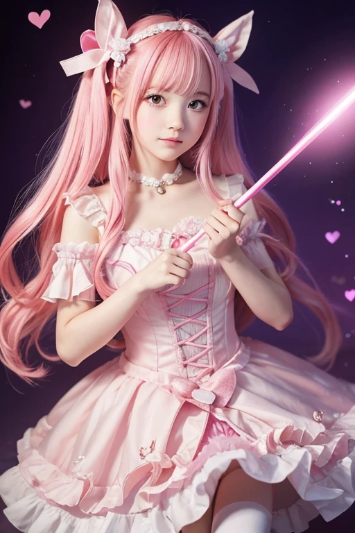 Girl with pink hair, -yeld gi ゴージャスなMagical girlの衣装, Pink Eyes, Well-formed face, Pink dress with ribbons and frills, I have a magic wand in my hand, The tip of the wand is a glowing pink heart., Designed to look like a bow and arrow, Magical girl