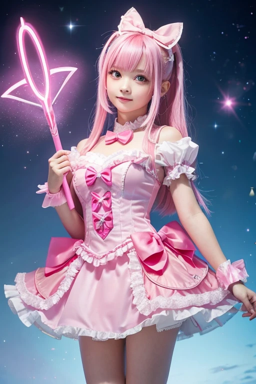 Girl with pink hair, -yeld gi ゴージャスなMagical girlの衣装, Pink Eyes, Well-formed face, Pink dress with ribbons and frills, I have a magic wand in my hand, The tip of the wand is a glowing pink heart., Designed to look like a bow and arrow, Magical girl