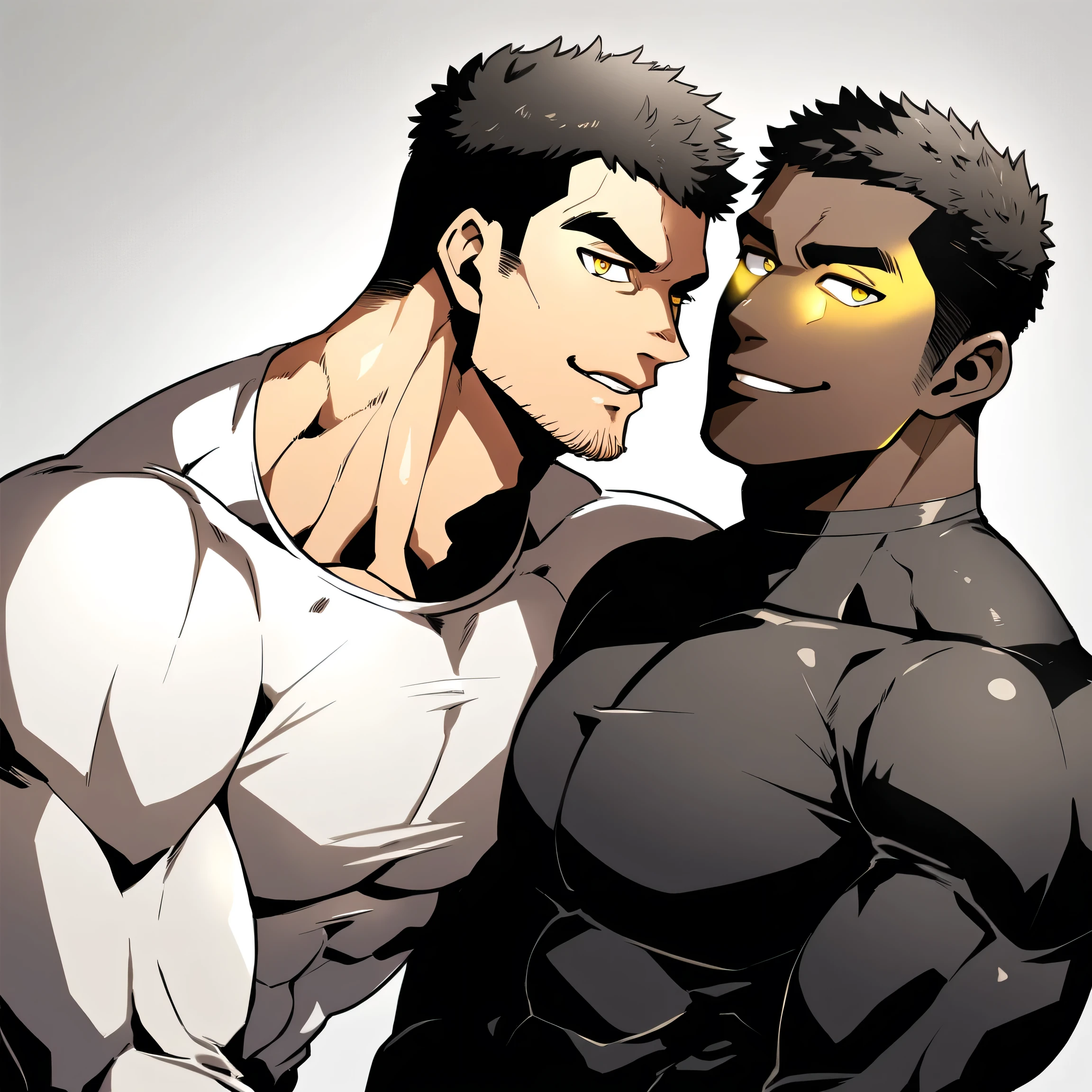 anime characters：Two superheroes in tights, Muscle superhero, negro black skin, They hugged and kissed each other, Bite your neck, Caress, Manliness, male focus, Yellow and black high collar long sleeve tight T-shirt, Slightly transparent material, Very tight, Round, full and perky chest muscles, Muscle waist, Slightly transparent, muscular male, muscular, only, Upper body, alone, Black short hair, Thick eyebrows, stubble, Yellow eyes, Grey background, simple background, amazing quality, best aesthetics, Ridiculous, bright pupils, crew cut, parted lips, seductive smile, torogao, naughty face, best quality