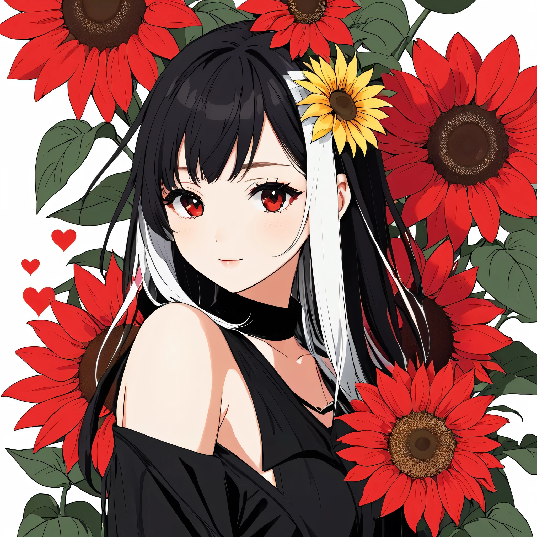 Mika Pikazo Black Star Red and White style, Simple Line Initialism，Abstract art，Kawaii Design, The most beautiful girl of all time, The background is sunflowers, colorful hearts, colorful flowers,