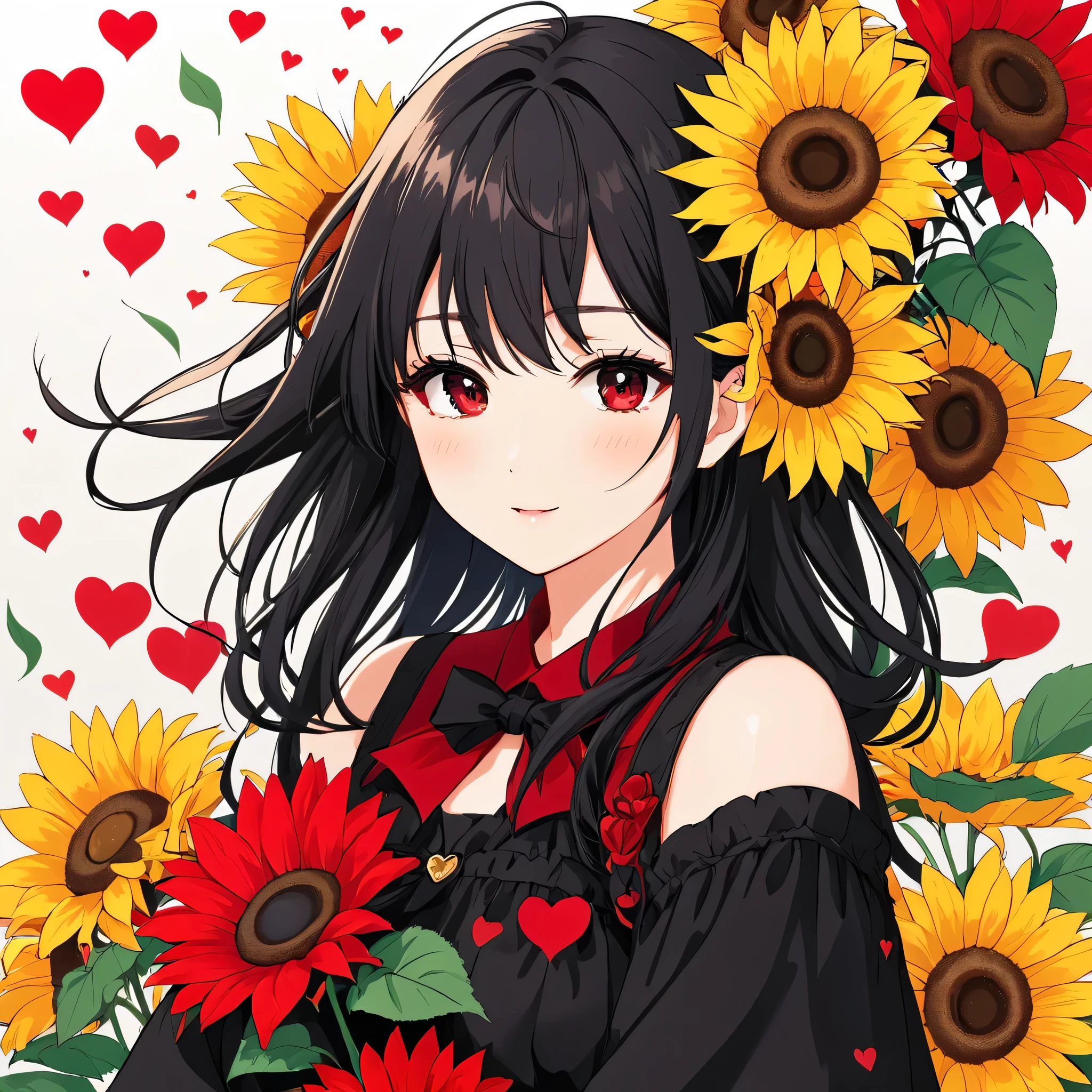 Mika Pikazo Black Star Red and White style, Simple Line Initialism,Abstract art,Kawaii Design, The most beautiful girl of all time, The background is sunflowers, colorful hearts, colorful flowers,