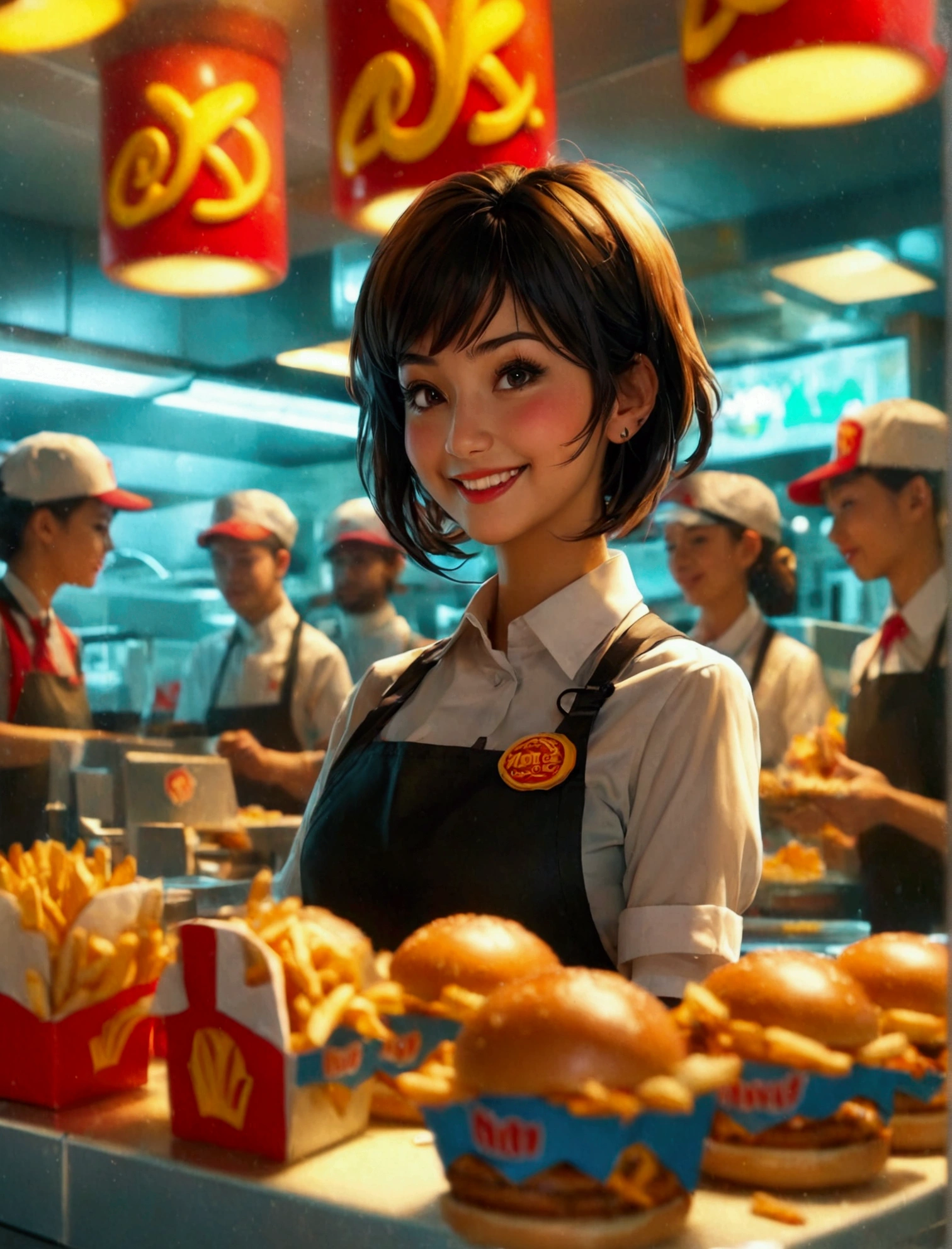 Aphotorealistic, ultra-detailed representation of a dedicated fast food worker serving customers behind the counter in an upper body shot. The individual, showcasing a genuine smile, is skillfully multitasking, handling various orders with precision and attention to detail. Their uniform, emblazoned with the familiar logos of the fast food chain, is worn neatly, and their hands move with dexterity as they assemble meals. The background is a blur of movement, customers lining up to place their orders. The scene is brightly lit, highlighting the worker's focused expression and the intricate mechanisms of the fast food assembly line. The image is shot in 8K UHD, gigantic breasts, giga_busty