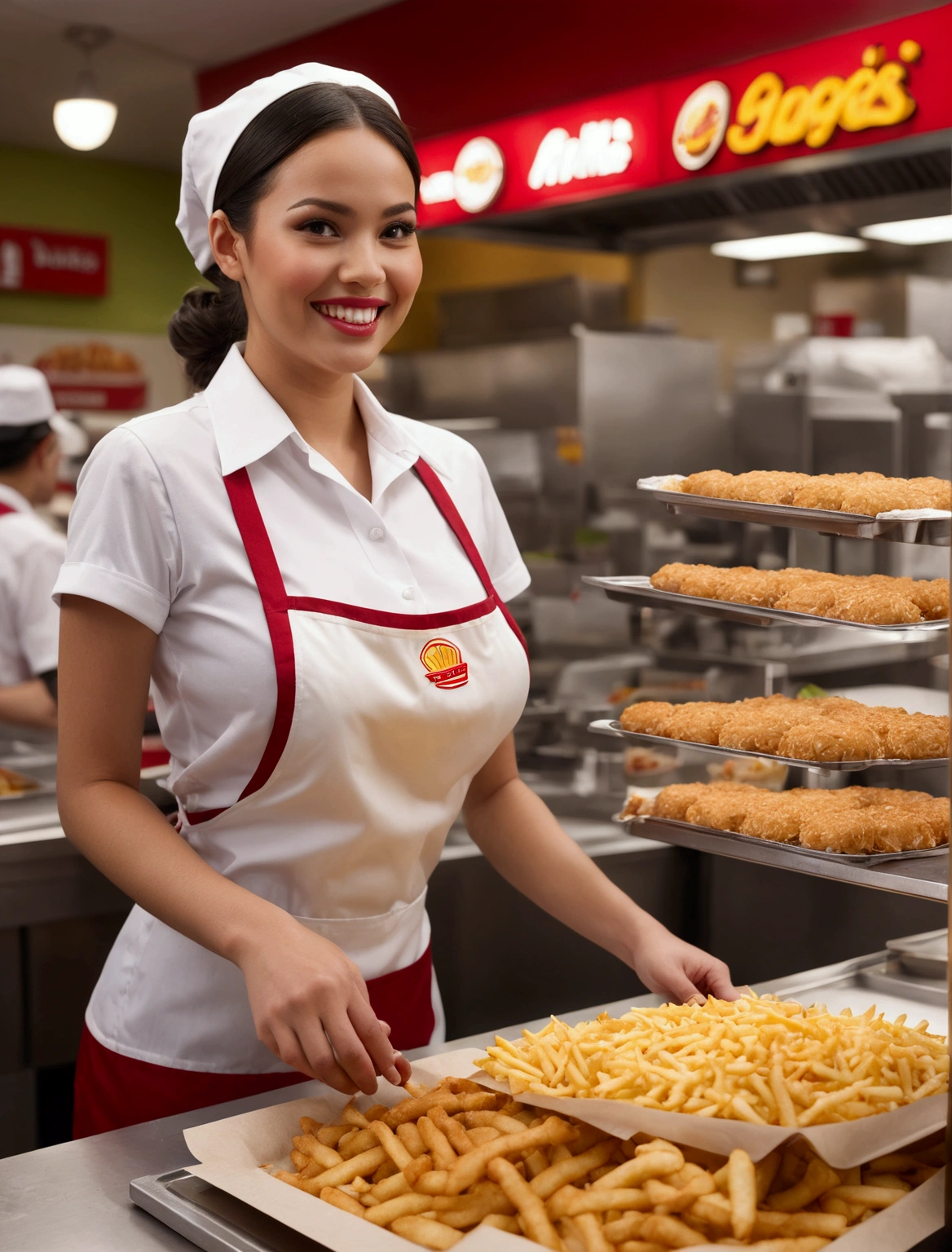 Aphotorealistic, ultra-detailed representation of a dedicated fast food worker serving customers behind the counter in an upper body shot. The individual, showcasing a genuine smile, is skillfully multitasking, handling various orders with precision and attention to detail. Their uniform, emblazoned with the familiar logos of the fast food chain, is worn neatly, and their hands move with dexterity as they assemble meals. The background is a blur of movement, customers lining up to place their orders. The scene is brightly lit, highlighting the worker's focused expression and the intricate mechanisms of the fast food assembly line. The image is shot in 8K UHD, breasts, giga_busty
