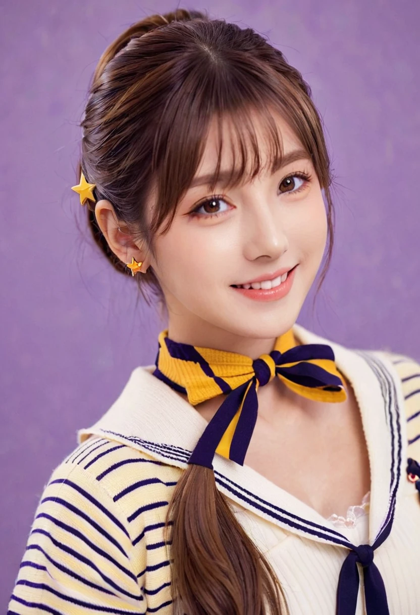 Ichige style, One girl, alone, Brown Hair, heart, hair ornaments, , Side Ponytail, smile, View your viewers, neckerchief, Upper Body, heart hair ornaments, cardigan, Sailor collar, Seraphim, black Sailor collar, bangs, Yellow Eyes, Mouth closed, Long Hair, Brown eyes, purple neckerchief, Striped background, clavicle, Striped, Polka dot pattern, star (symbol)