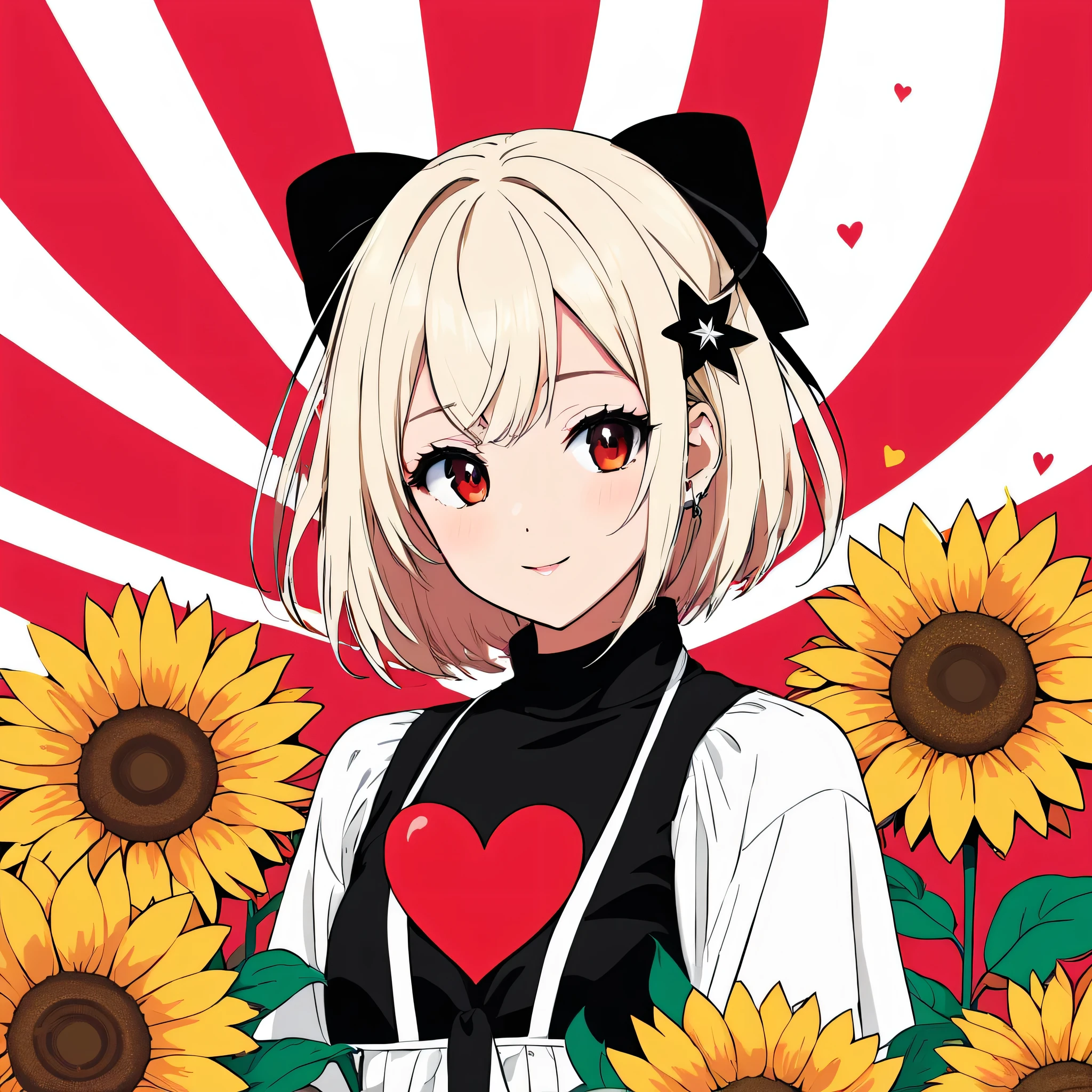 Mika Pikazo Black Star Red and White style, Simple Line Initialism,Abstract art,Kawaii Design, The most beautiful girl of all time, The background is sunflowers, colorful hearts, colorful flowers,