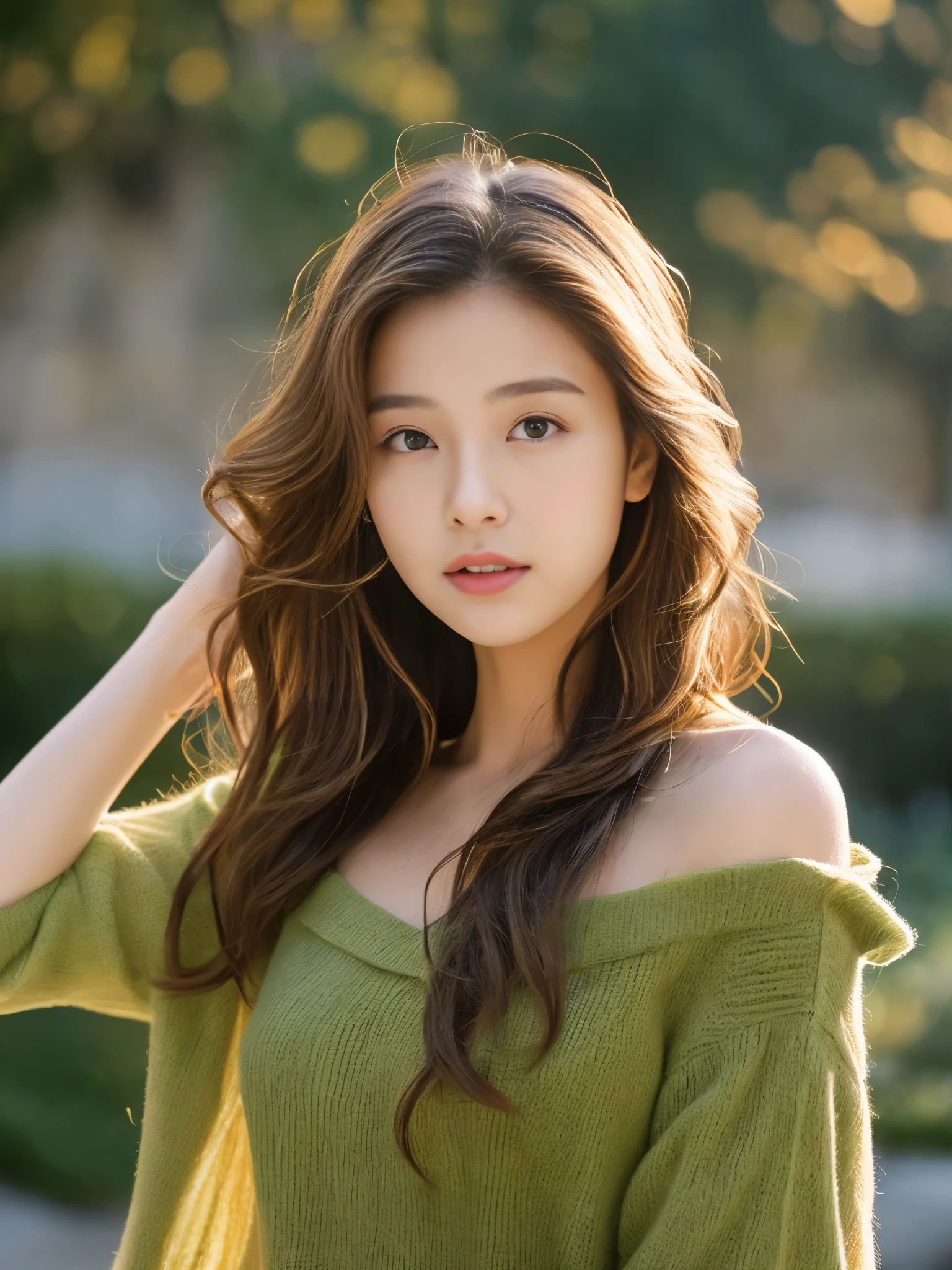 top-quality、masterpiece、超A high resolution、(Photorealsitic:1.5)、Raw foto、1girl in、off shoulderurky、deep-shadows、Unobtrusive、cold light、sexy appearance、Brown Highlight Hair、shorth hair、waved hair、Slimed、A slender、