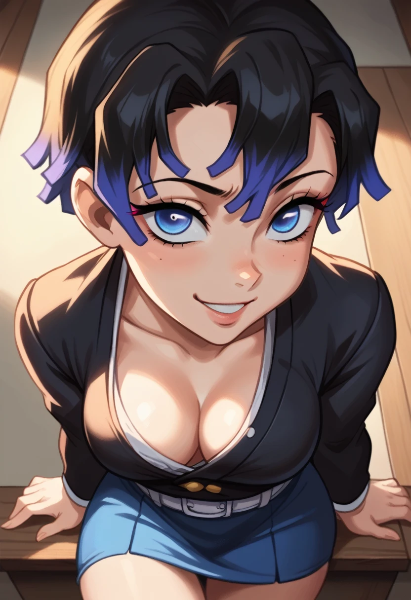 Draw a character in animated art style, with a vibrant and expressive appearance. The character must have exaggerated characteristics, like big, expressive eyes, a subtle and fun smile, and a straight posture. The background should be simple and not distract from the main figure. The character must be from the Kimetsu no Yaiba universe/Demon Slayer, black short hair, blue colored eyes. Wearing a tight skirt, angle from above, animated cartoon, beautiful drawing.