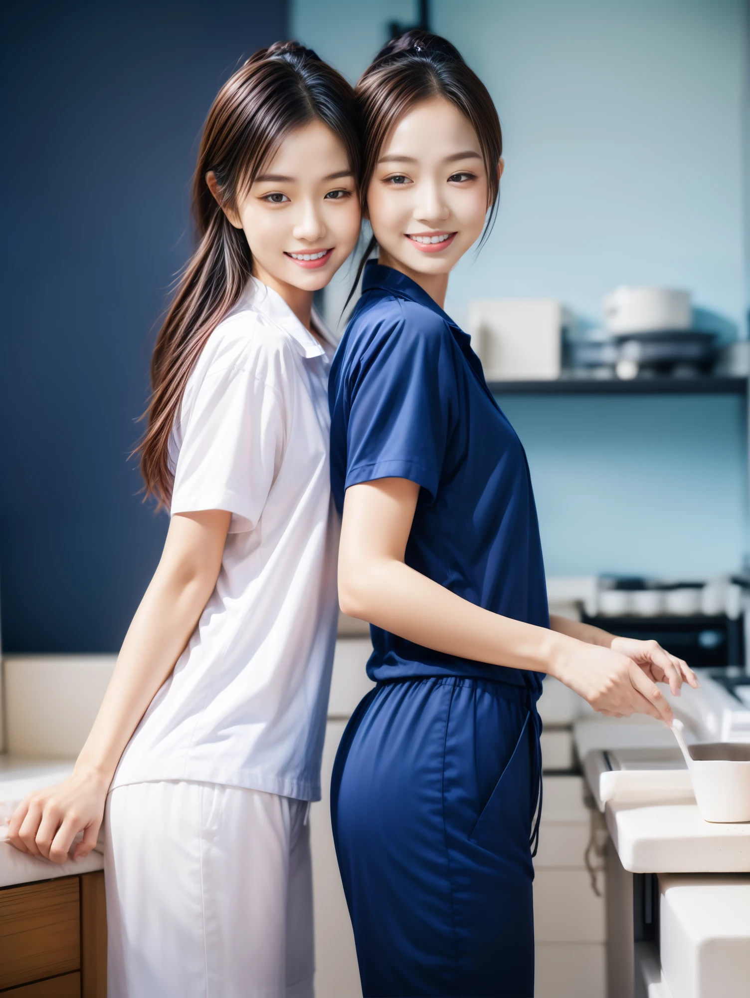 (best quality,10,10,height,Masterpiece:1.2),Special details,(realistic,ภาพrealistic,Realistic photos:1.37),1 Cute girl in the kitchen,shiny, ผิวshiny,only,smile softly,BDclothelue shirt:1.3)),short sleeve,shirt, กางเกงขาlong.,(navy_long_track pants:1.1), ((Kitchen Background)),Dynamic angle,excited,Face focus,dynamic poses,from behind,focus on ass,Masterpiece, best quality, ultra realistic, hyper detail, 8k resolution, raw photos, Sharp focus, ((Navy blue shirt:1.1)), short sleeve, เส้นทางlong, perfect body, 2 mature women, 18 years old, Cinema-grade lighting system,blue sweatpants,shirtผ้าออกกำลังกาย,correct anatomy,perfect body, correct body, Sharp face, correct bodyทางกายวิภาค, full body, realistic gestures, long-haired, realistic poses,Wear long shorts...........................,ช่วงขาlong,Good shape,carved girl, Slender figure, model, Good shape, beautiful body,blue sweatpants, two girls kissing