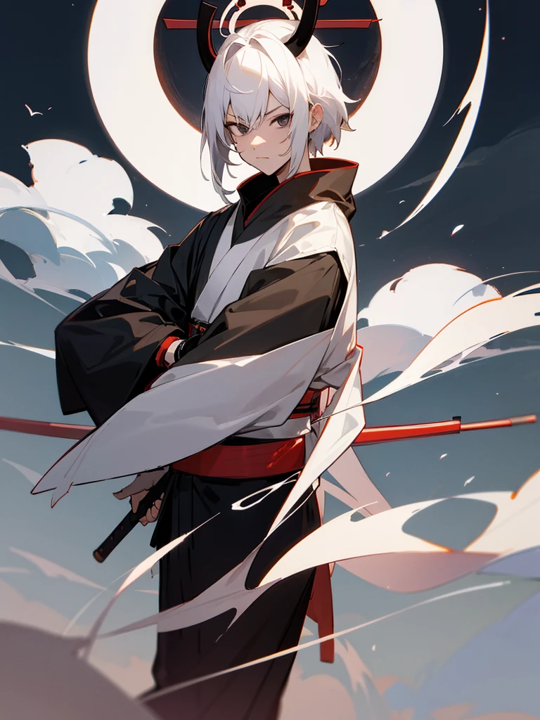 Shamisen, black eyes, white horns, short white hair, black ninja costume, torii gate, male, full moon, fang halo