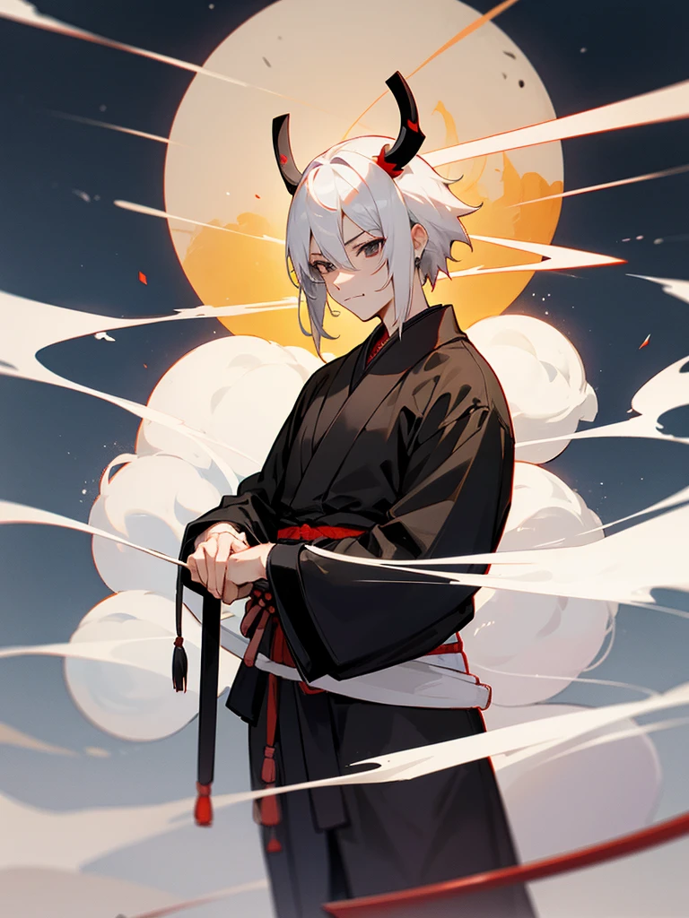 Shamisen, black eyes, white horns, short white hair, black ninja costume, torii gate, male, full moon, fang halo