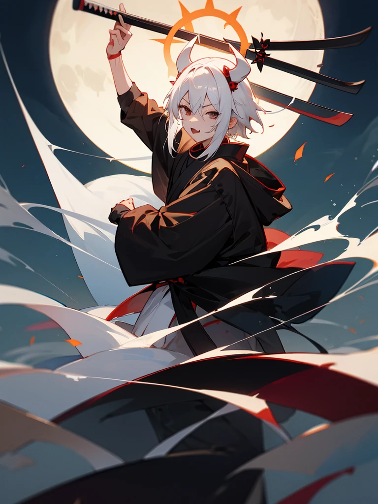 Shamisen, black eyes, white horns, short white hair, black ninja costume, torii gate, male, full moon, fang halo