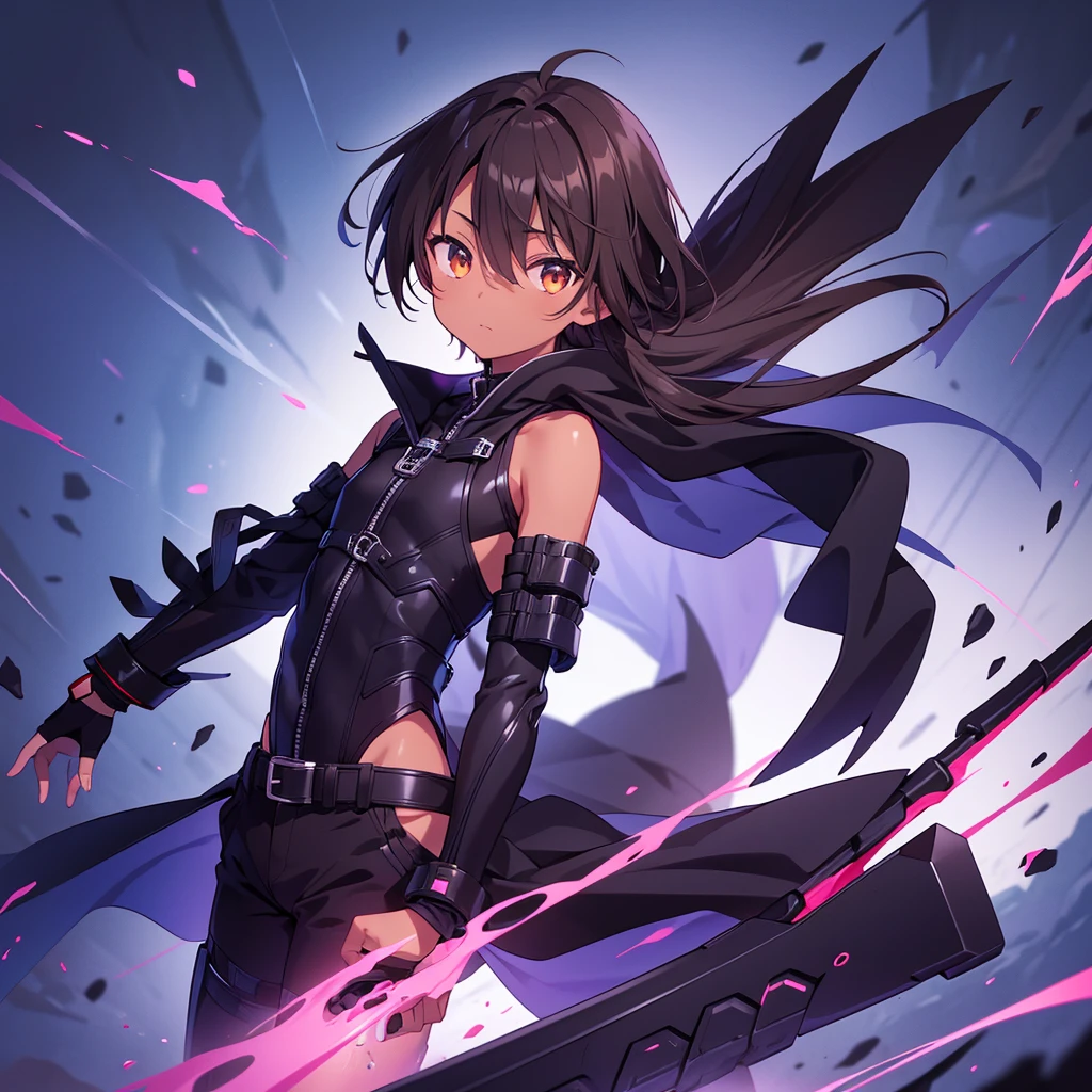 傑作 High resolution, High resolution, Male dark skin, Cute Shota, Dark brown hair, medium Dark brown hair,Wearing a black coat, Removable sleeves, black full bodysuit, Black exoskeleton, Fingerless gloves, Blue Gem, Giant blue scythe, close