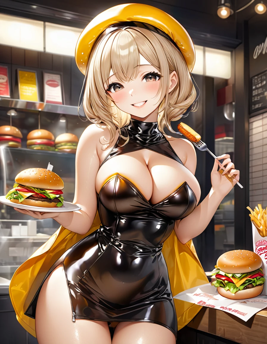 Young beautiful woman,(Highest quality,Extremely detailed depiction,Incredibly absurd high resolution,Anatomically accurate depiction,Curvy Legs,SFW),(Glowing Skin,Shiny skin,Oilskin),セクシーなBurger Shopの店員,Burger Shopの制服,Burger Shopの帽子,latex,Upper body close-up,Burger Shopで接客中,paper bag,There is cleavage in the chest,smile,background:Burger Shop