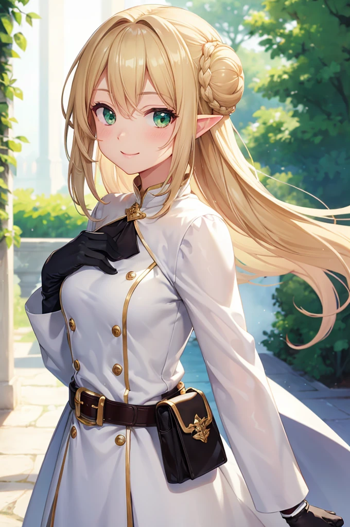 (((masterpiece; best quality: 1.2))), (finely detailed eyes: 1.3), (25 year old elf woman), (solo), (green eyes: 1.4), (body; lithe, fit, femenine: 1.3), (silky blonde hair + bun: 1.3), (beautiful and clear background: 1.2), ((depth of field)), (equipment: adventurer attire + modest + long white tunic-coat + white cape + black longskirt + gloves + belt + pouches: 1.3), (anime illustration: 1.2), (background composition; royal garden: 1.1), (extremely fine and beautiful: 1.1), (shot composition; standing + centered on torso + close-up: 1.5), (expression; calm, smile: 1.2)