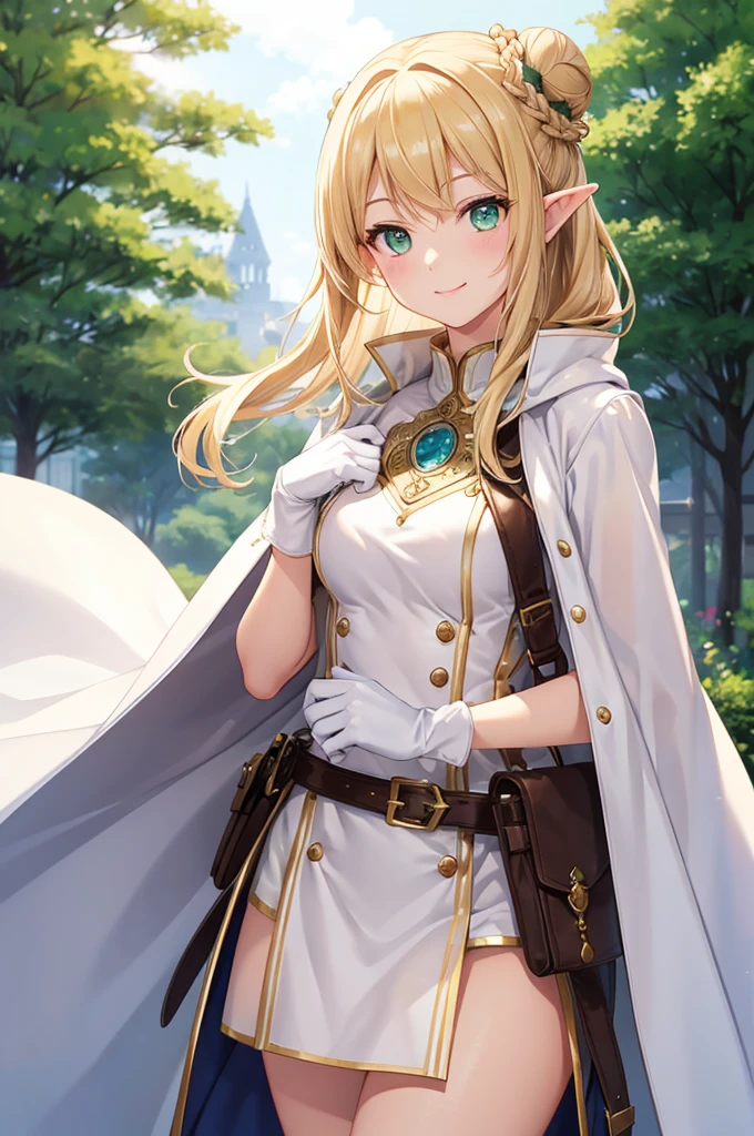 (((masterpiece; best quality: 1.2))), (finely detailed eyes: 1.3), (25 year old elf woman), (solo), (green eyes: 1.4), (body; lithe, fit, femenine: 1.3), (silky blonde hair + bun: 1.3), (beautiful and clear background: 1.2), ((depth of field)), (equipment: adventurer attire + modest + long white tunic-coat + white cape + black longskirt + gloves + belt + pouches: 1.3), (anime illustration: 1.2), (background composition; royal garden: 1.1), (extremely fine and beautiful: 1.1), (shot composition; standing + centered on torso + close-up: 1.5), (expression; calm, smile: 1.2)