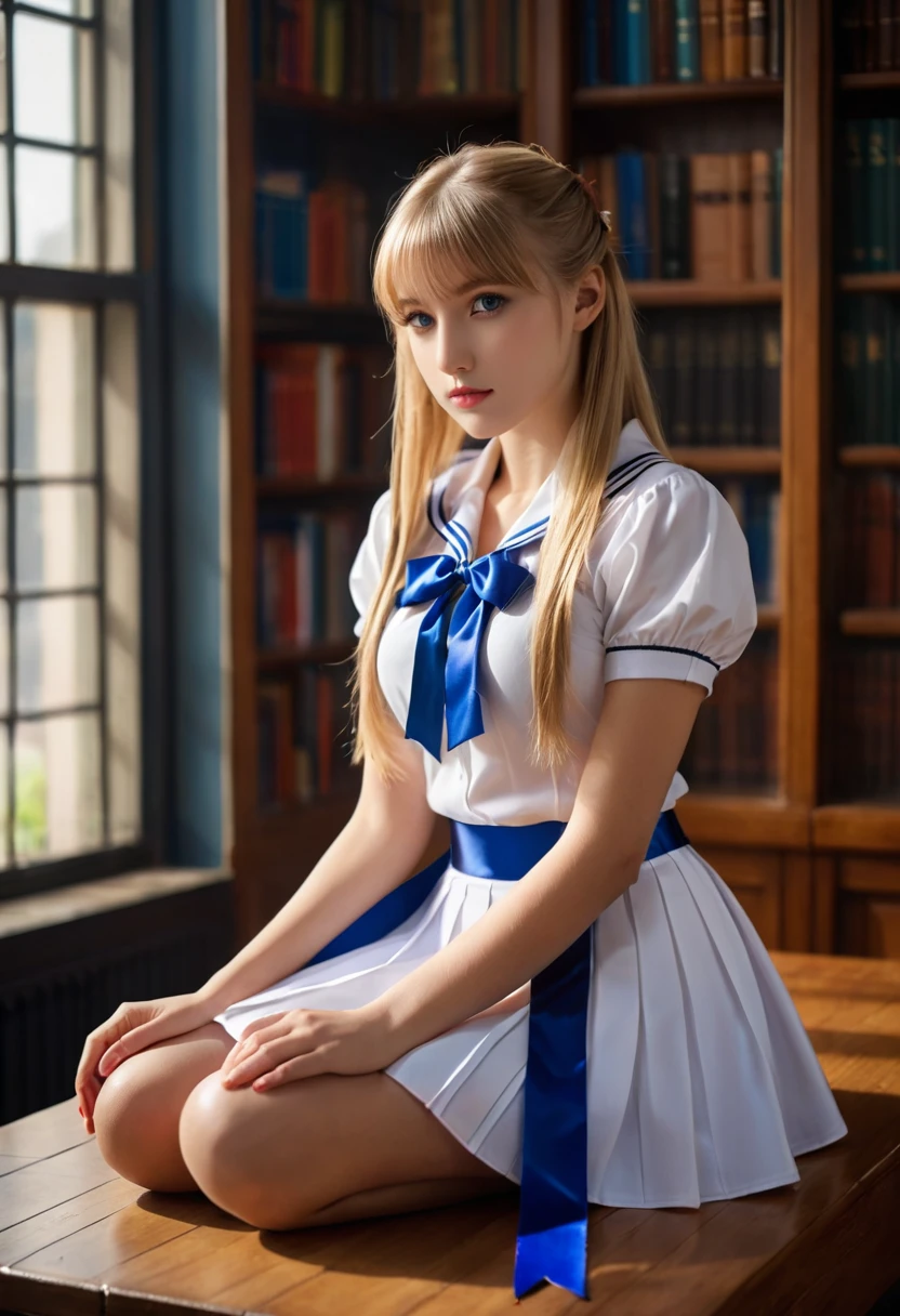 ((masterpiece,best quality, high resolution)), 1girl, solo, green eyes, blonde long hair tied with blue ribbon, blunt bangs, sitting, folded arms on the table, sleep on the folded arms, , white serafuku, red sailor collar, short sleeves, white pleated skirt, (in library), dramatic light, beside window, afternoon light through the window, afternoon, bokeh effect