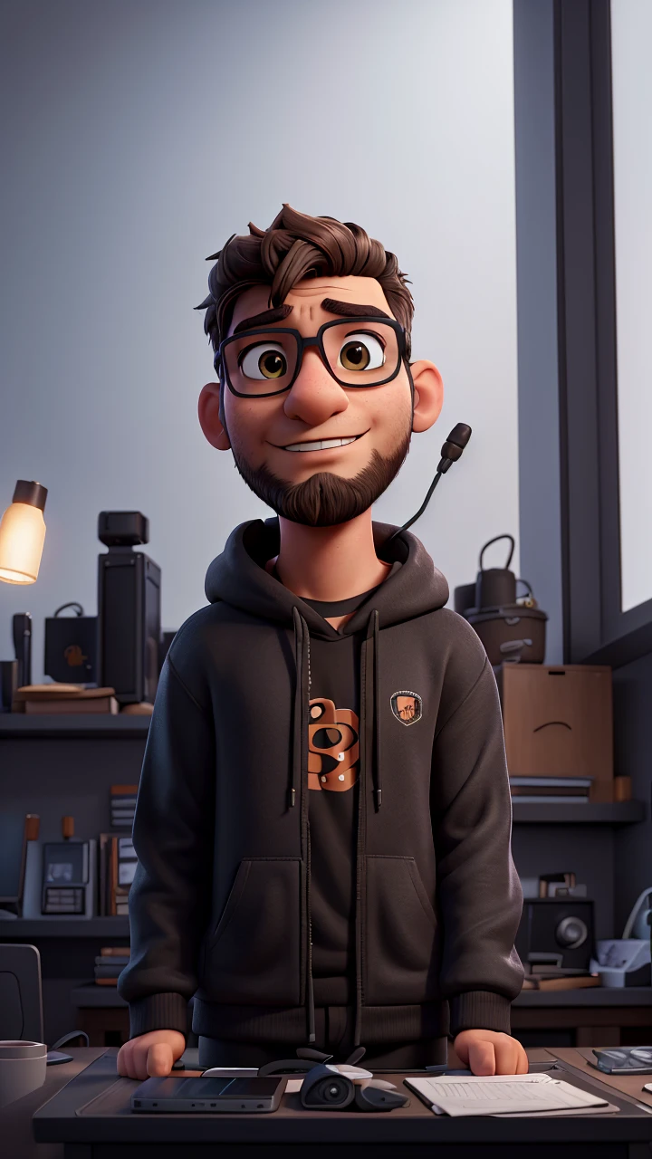 Anderson is a digital influencer, a geek wearing a black hoodie, with a low beard, brown eyes, sitting at a table with a laptop and a microphone, unsplash, realism, in a streamer studio room, neon environment, looking at the camera , a photo of a man, photographed portrait 8k , photographic portrait, looking at the camera, ultra detail, high resolution, ultra detailed, best quality, amazing, top quality, extremely detailed CG unit 8k wallpaper, cinematic lighting.