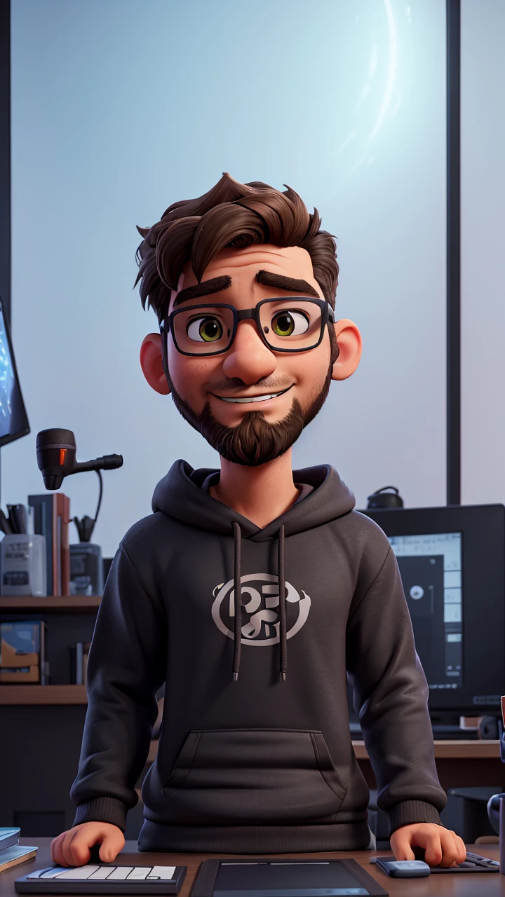 Anderson is a digital influencer, a geek wearing a black hoodie, with a low beard, brown eyes, sitting at a table with a laptop and a microphone, unsplash, realism, in a streamer studio room, neon environment, looking at the camera , a photo of a man, photographed portrait 8k , photographic portrait, looking at the camera, ultra detail, high resolution, ultra detailed, best quality, amazing, top quality, extremely detailed CG unit 8k wallpaper, cinematic lighting.