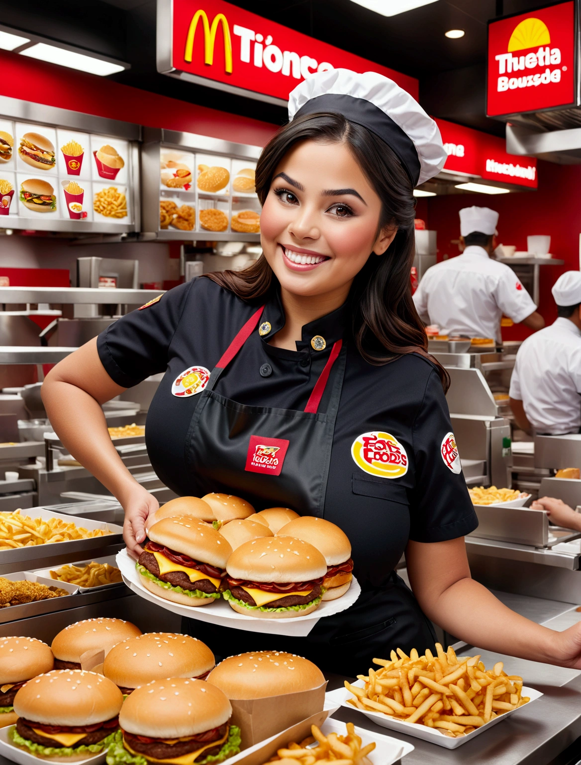 Aphotorealistic, ultra-detailed representation of a dedicated fast food worker serving customers behind the counter in an upper body shot. The individual, showcasing a genuine smile, is skillfully multitasking, handling various orders with precision and attention to detail. Their uniform, emblazoned with the familiar logos of the fast food chain, is worn neatly, and their hands move with dexterity as they assemble meals. The background is a blur of movement, customers lining up to place their orders. The scene is brightly lit, highlighting the worker's focused expression and the intricate mechanisms of the fast food assembly line. The image is shot in 8K UHD, breasts, giga_busty