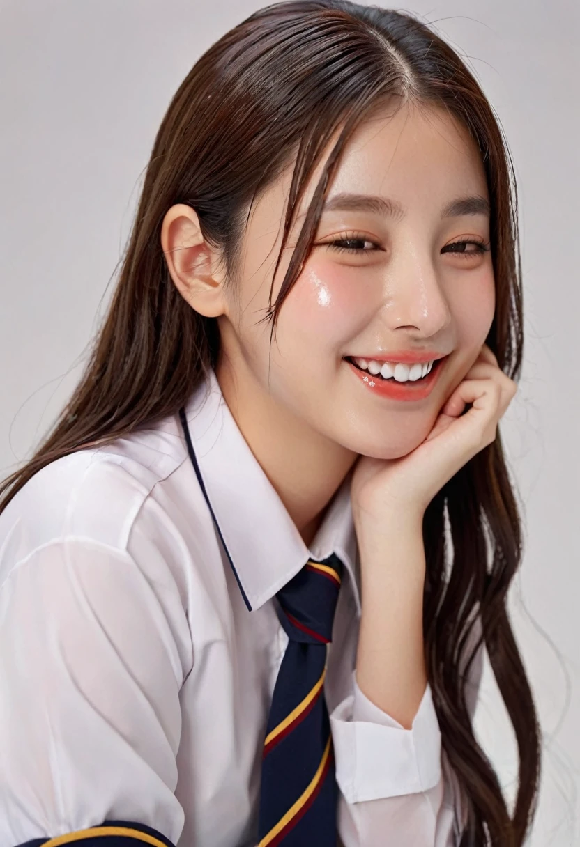(8K), (Highest quality: 1.2), (Realistic), (Realistic: 1.37), Ultra-high resolution, 1 Girl, cute, smile, Mouth closed, Beautiful details, Beautiful Nose, whole body, Wet Hair, Giant Dalcefo, pork, school uniform, Thighs