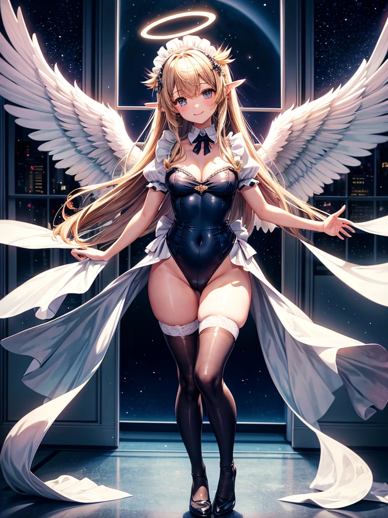 Highest quality,Highest Resolution,Smiling beautiful girl in maid leotard,Big angel wings on his back,Halo,High leg,フリル,Very beautiful eyes,front,whole body,Bedroom,Standing posture,Spread your arms out to the sides,Thigh-high stockings,Night view outside the window,