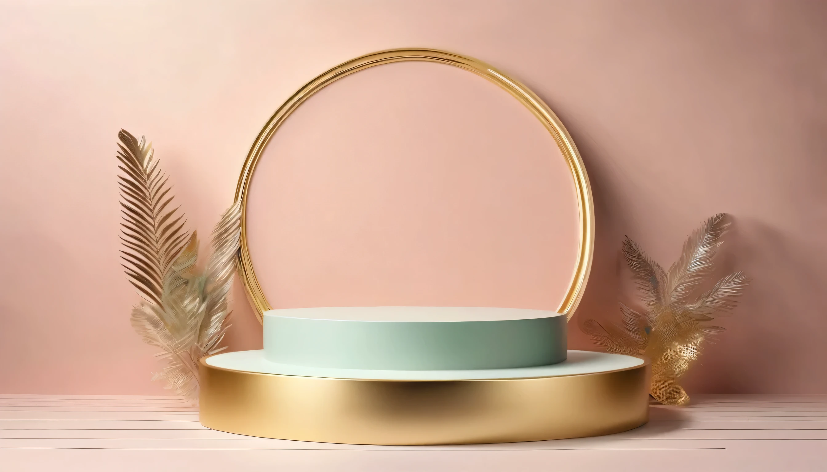 Gold and pastel display podium for luxury product advertisment with paste leave background