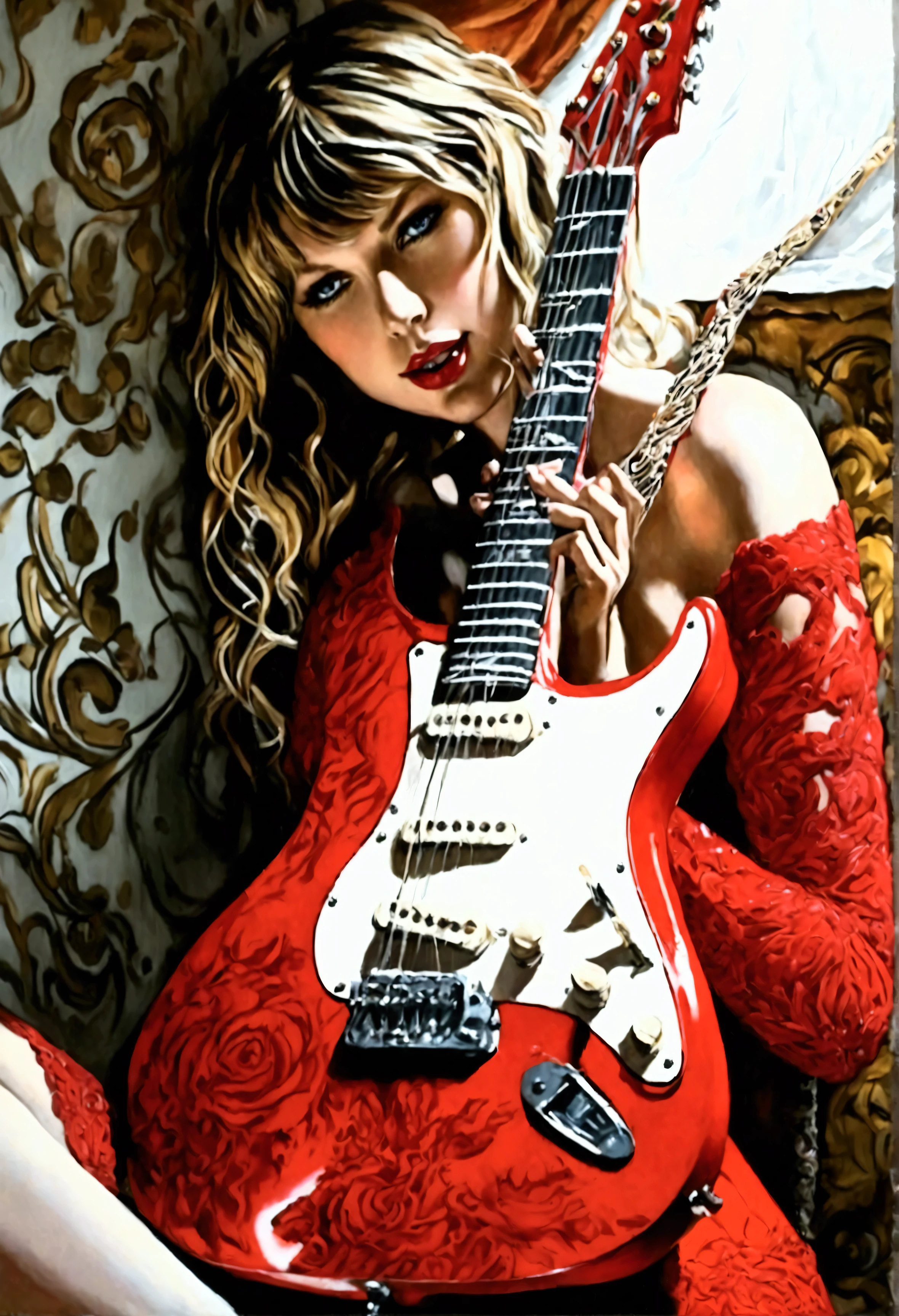 (realistic high quality full body image of "taylor swift" fucking a guitar, naked, dirty
