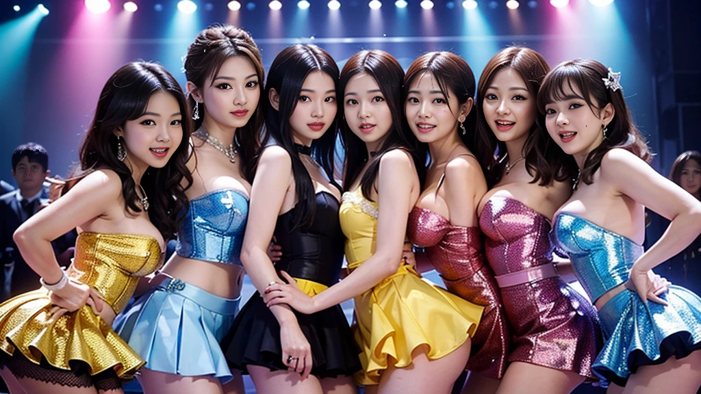 ((super high quality、High resolution、masterpiece、 Anatomically correct、Super detailed photos、Ultra-realistic photos、 Highest quality))、group photo、(3girs)、looking at viewer、Live Stage、Spotlight、Three girls holding each other close、(cowboy shot)、(Idol Costumes:1.2)、((from front))、(huge breast)、Small waist、Detailed face、Perfect figure、black hair、medium straight hair