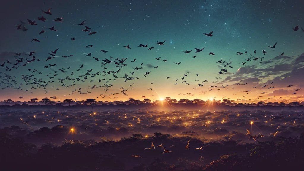A dark night scene shows a cacophony of chirping birds at in the African forest