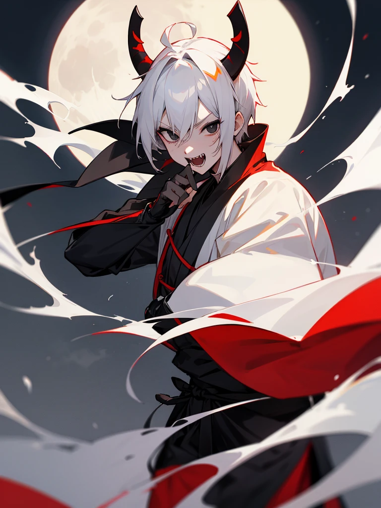 Wakizashi Black eyes White horns White short hair Black ninja costume Torii Male Full moon Fangs