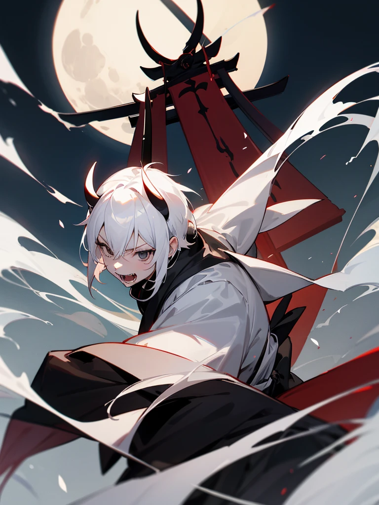 Wakizashi Black eyes White horns White short hair Black ninja costume Torii Male Full moon Fangs