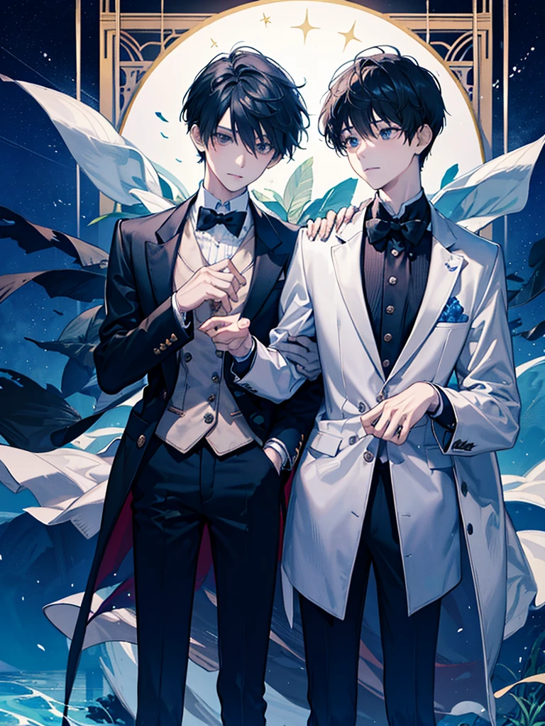 two boys watching the sea from a bridge together at a Starry beautiful night with falling stars and shining moon along with the sea water glowing from the moon shine, one boy looking at the other boy, both boys wondering, chill sensation, calm, quite, serene, beautiful perfect illustration, half body, elegant look, wearing blazers and ties, formal outfits, extravagant, upper body shot, one boy looking at the viewer