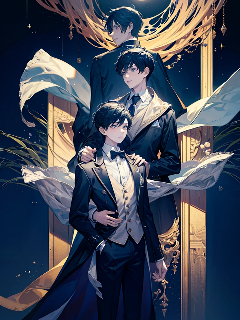 two boys watching the sea from a bridge together at a Starry beautiful night with falling stars and shining moon along with the sea water glowing from the moon shine, one boy looking at the other boy, both boys wondering, chill sensation, calm, quite, serene, beautiful perfect illustration, half body, elegant look, wearing blazers and ties, formal outfits, extravagant, upper body shot, one boy looking at the viewer
