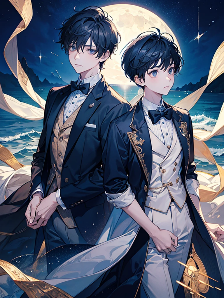 two boys watching the sea from a bridge together at a Starry beautiful night with falling stars and shining moon along with the sea water glowing from the moon shine, one boy looking at the other boy, both boys wondering, chill sensation, calm, quite, serene, beautiful perfect illustration, half body, elegant look, wearing blazers and ties, formal outfits, extravagant, upper body shot, one boy looking at the viewer