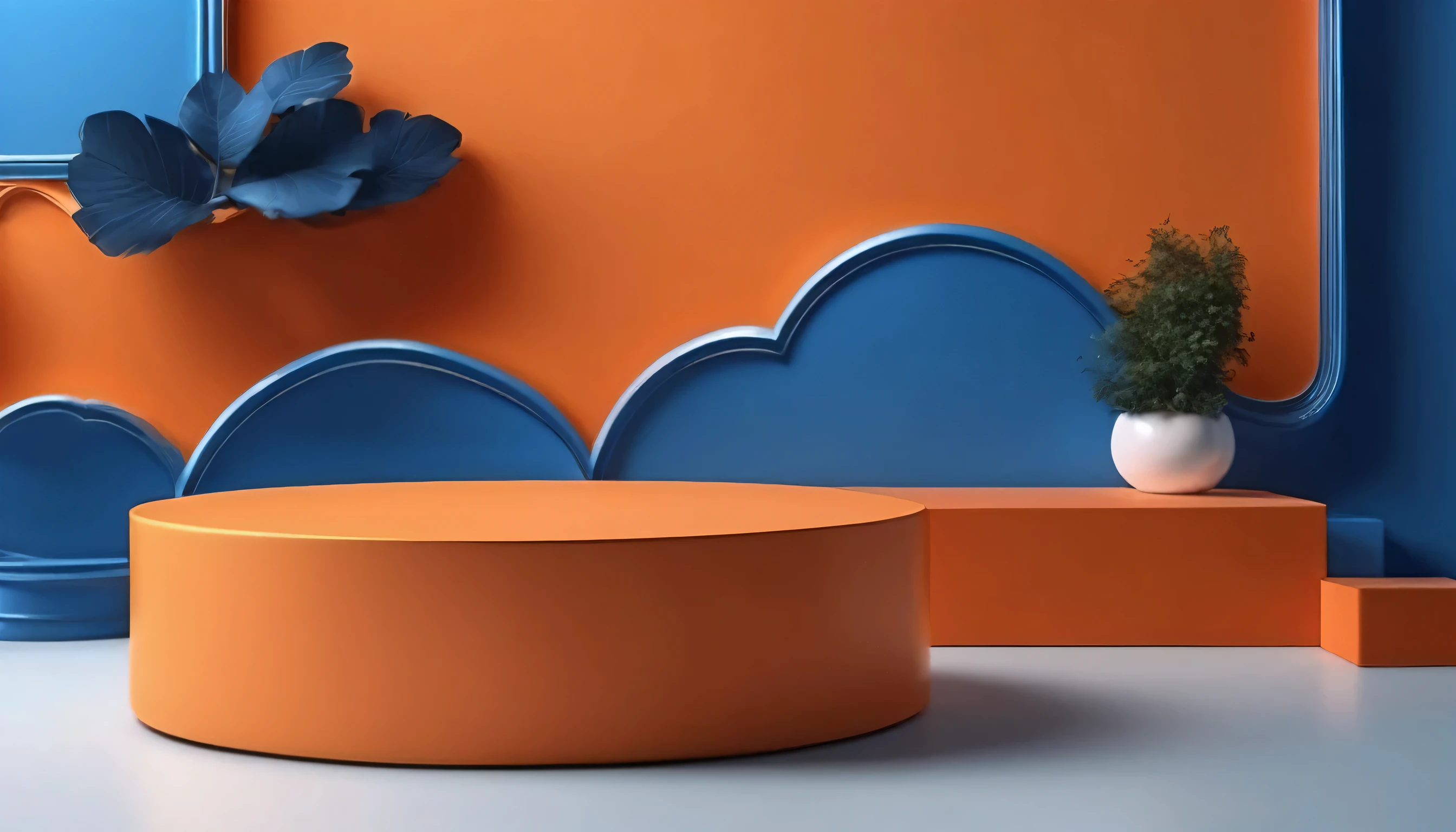 Blue and orange display podium for luxury product advertisment with paste leave background, small cloud, perfect composition, hyper detailed