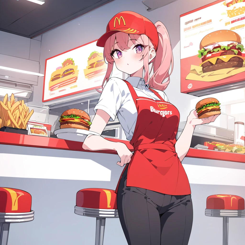 Masterpiece, ultra detailed, beautiful,Super Saturation, anime style,fast food worker, burger shop, McDonald's 