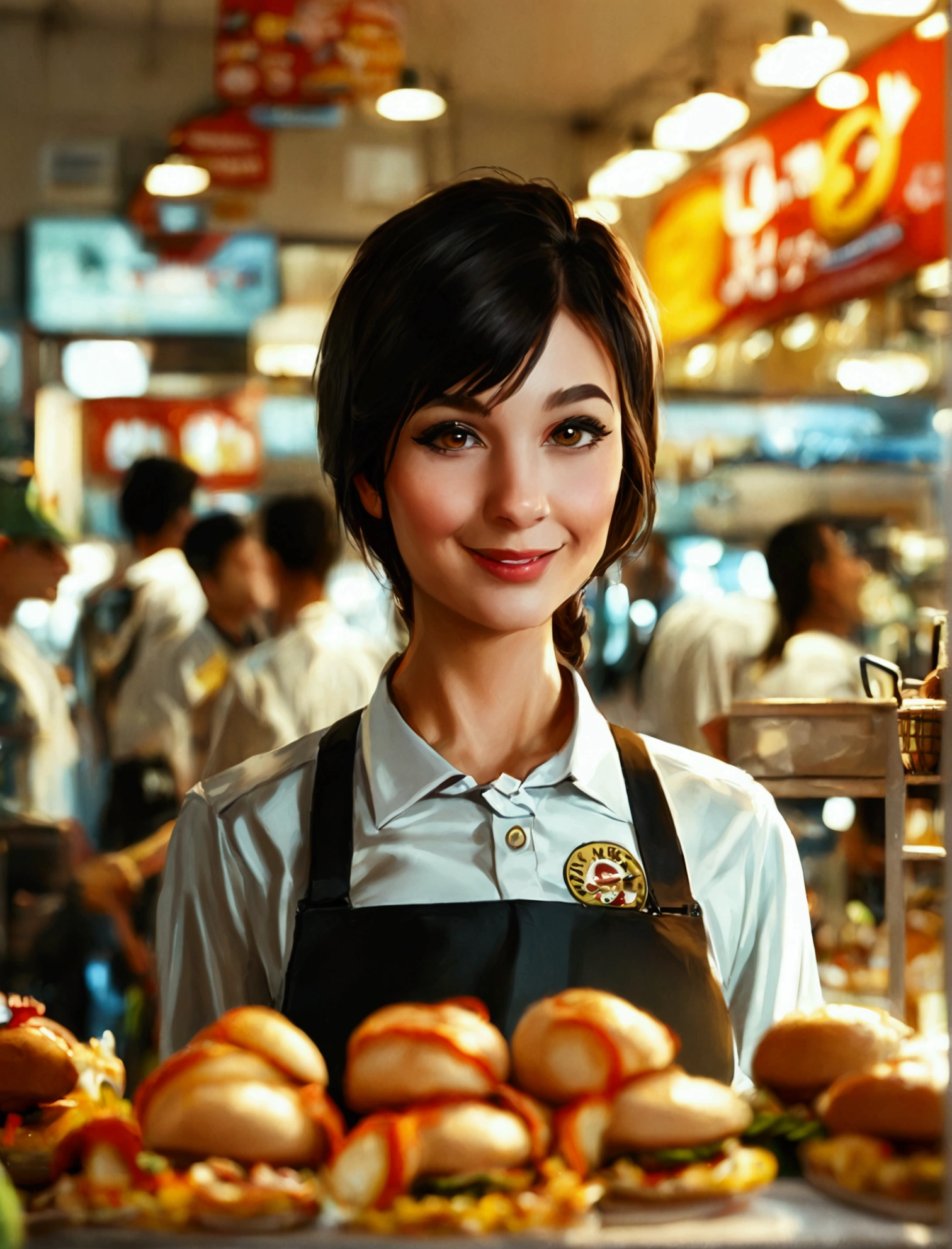 Aphotorealistic, ultra-detailed representation of a dedicated fast food worker serving customers behind the counter in an upper body shot. The individual, showcasing a genuine smile, is skillfully multitasking, handling various orders with precision and attention to detail. Their uniform, emblazoned with the familiar logos of the fast food chain, is worn neatly, and their hands move with dexterity as they assemble meals. The background is a blur of movement, customers lining up to place their orders. The scene is brightly lit, highlighting the worker's focused expression and the intricate mechanisms of the fast food assembly line. The image is shot in 8K UHD, breasts, giga_busty