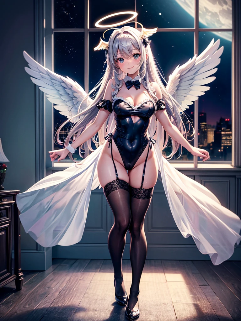 Highest quality,Highest Resolution,Smiling beautiful girl in maid leotard,Big angel wings on his back,Halo,High leg,フリル,Very beautiful eyes,front,whole body,Bedroom,Standing posture,Spread your arms out to the sides,Thigh-high stockings,Night view outside the window,