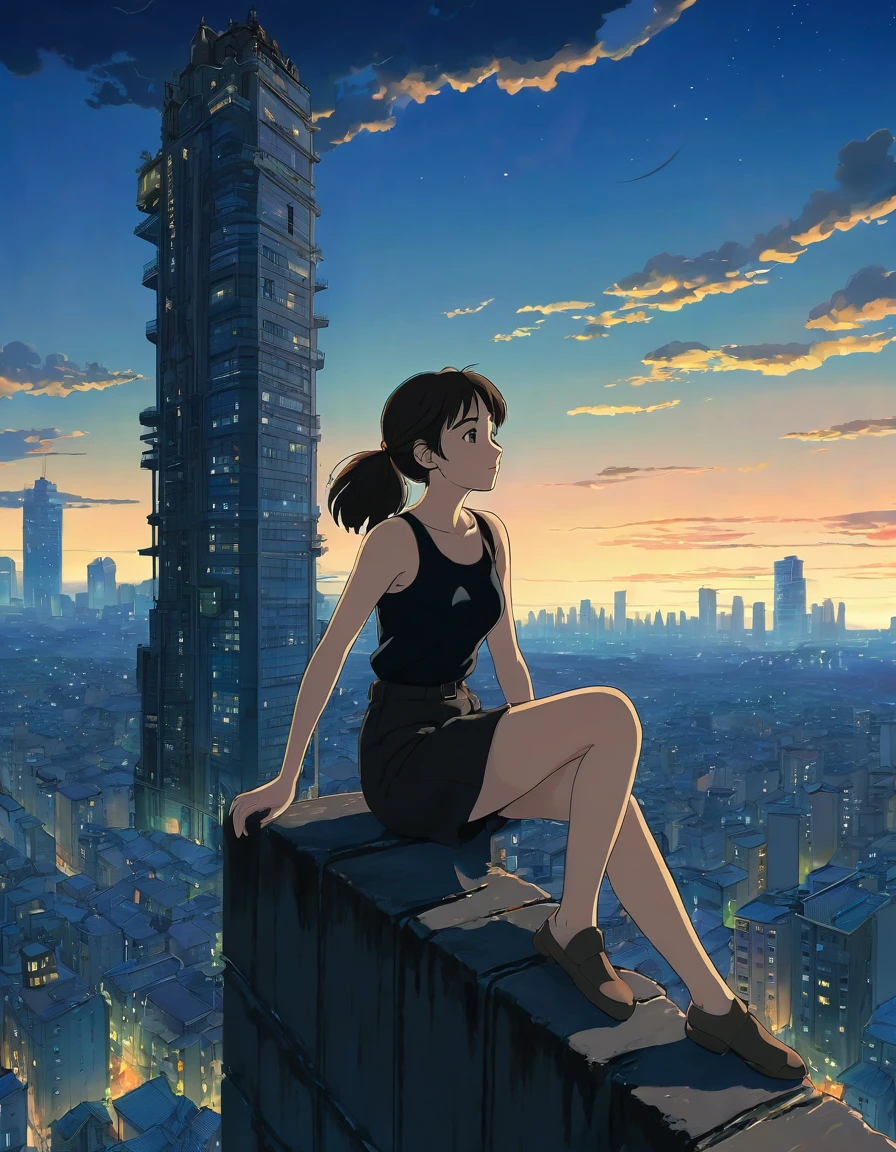 A girl in a black top sits on the edge of a skyscraper, Studio Ghibli, Cityscape, Detailed description, Official Art, Kavasi style, Beautiful movements, Nocturne, Composition, HD Wallpapers