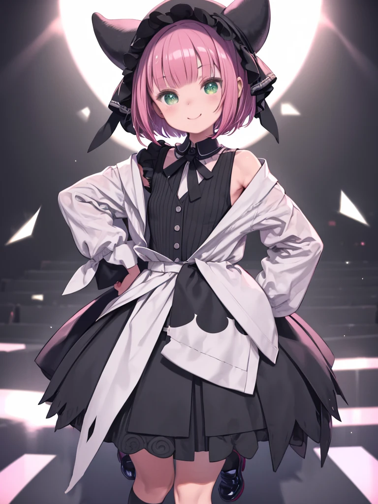 One Girl、Young、Young Girl、7 years old、Pink Hair、Bob Hair、Green Eyes、Big eyes、Black dress、Long sleeve、White collar、Hair Pod、White socks、Black shoes、White ribbon、White sleeves、smile、Put your hands on your hips、Watching the audience、Anya Forger、Angle from the front、